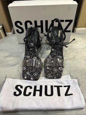 SCHUTZ Black Paisley Clear-Strap Ankle-Tie Heels